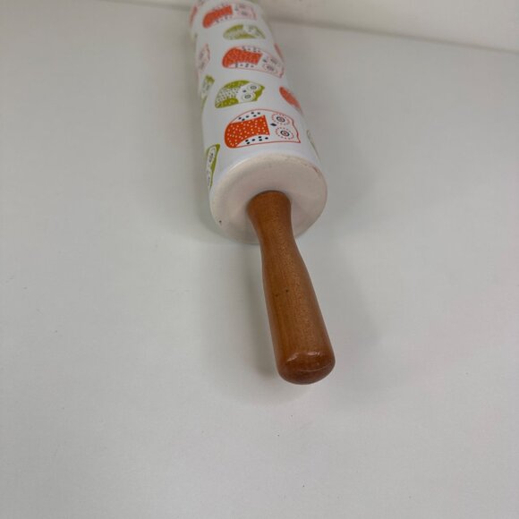 Ceramic Rolling Pin With Wooden Handles & Owl Print - Picture 3 of 7